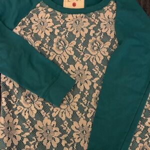 Energie Teal Long Sleeve Tee with White Lace Overlay